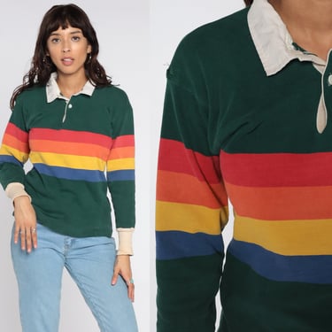 Striped Rugby Shirt Rainbow Polo Shirt 80s Shirt Long Sleeve Shirt Half Button Up 1980s Green Retro Jersey New Zealand Vintage Small 