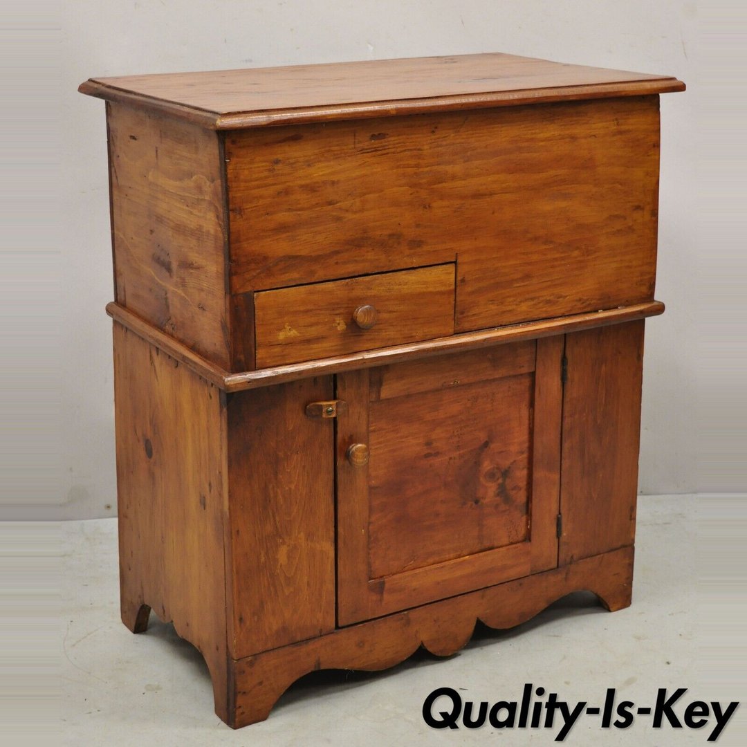 Antique Flip Top Primitive Colonial Pine Wood Washstand Commode