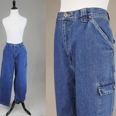 90s Cargo Jeans - 31" waist - Bill Blass - Blue Cotton Denim Pants - High Rise - Vintage 1990s - 30" inseam 