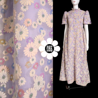 ADORABLE Vintage 60s 70s Pastel Purple Flocked Fuzzy Floral Babydoll Maxi Dress 