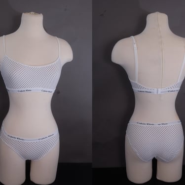 Vintage 90s/Y2K Calvin Klein White Polka Dot Bandeau Bra & Panties Set - Small/32B 