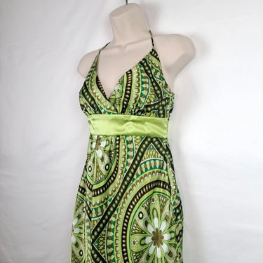 Vintage 2000s Lime Green & Brown Boho Maxi Halter Dress 