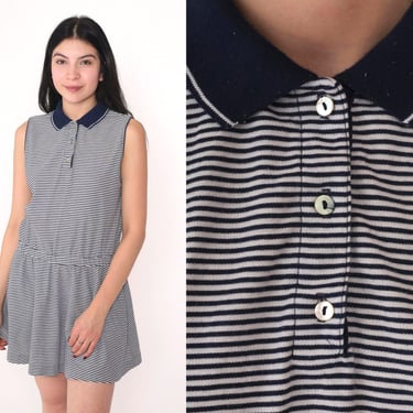 Striped Mini Dress 80s Tail Scooter Dress Blue White Sleeveless Button up Collared Tank Dress Low Drop Waist Preppy Day Vintage 1980s Small 