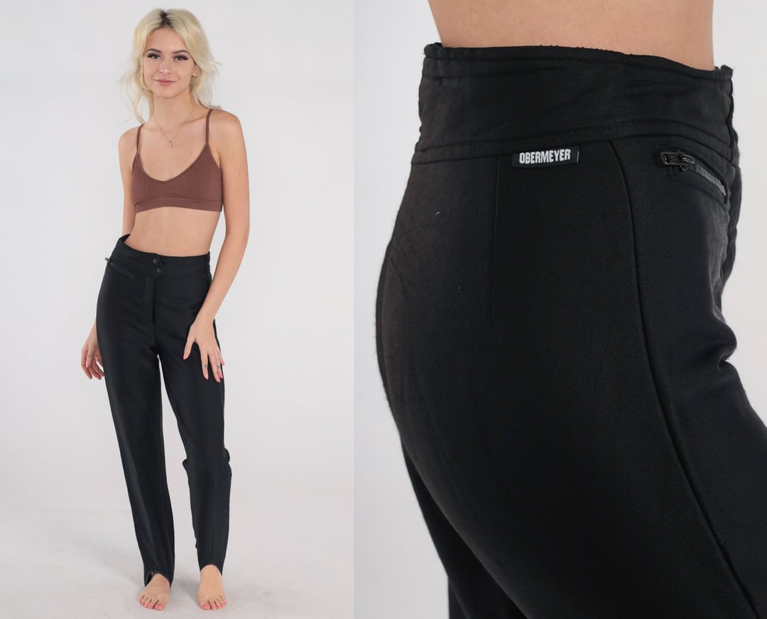 Black Obermeyer Ski Pants 80s 90s Stirrup Tapered Trousers