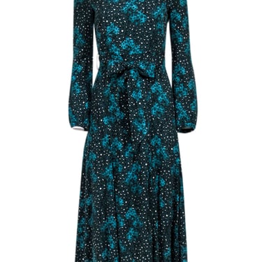 Borgo De Nor - Blue Animal Print Long Sleeve Midi Dress w/ Waist Tie Sz 4