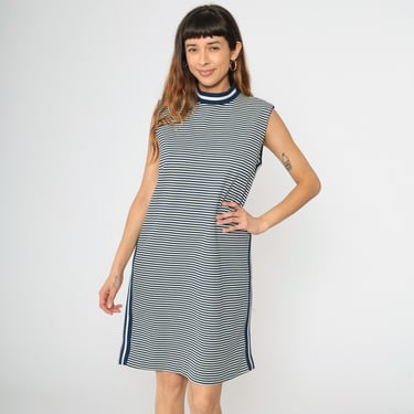 Vintage 60s Mod Dress Navy Blue White Striped Dress Mock Neck Space Age Dress 1960s Sheath Twiggy Sixties Sleeveless Gogo Knee Length Medium 