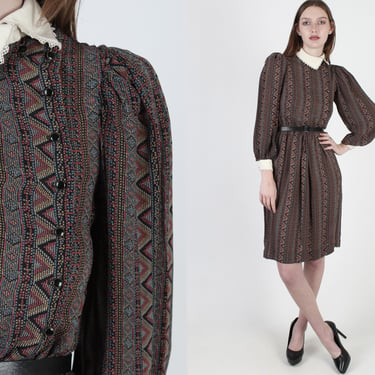 80s Geometric Ethnic Dress / Cross-Stitch Pattern / Tiny Collar Button Up Preppy Outfit / Black Secretary Day Knee Length Mini 