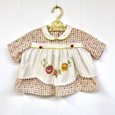 Vintage 1950s Little Girl's Smock Top or Dress with Apron, Calico Fruit and Floral Print, 24" Bust, VFG 
