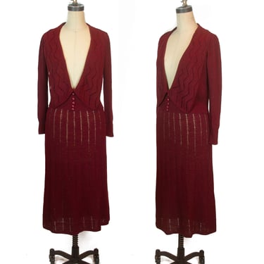 1930s Sweater Set ~ Burgundy Art Deco Large Collar Cardigan and Skirt Set 