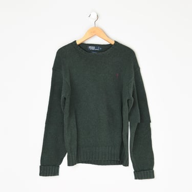 Vintage 90s Polo Ralph Lauren Dark Green Sweater - crew neck, all-cotton knit, pullover, dark red emblem - preppy - Men's M 
