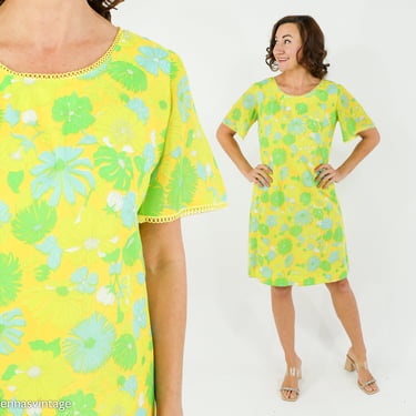 1960s Yellow Floral Print Shift Dress  | 60s Green & Yellow Cotton Print Shift | Twiggy | Medium 