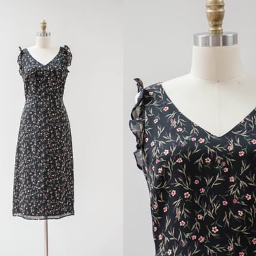 cute cottagecore dress | 90s y2k vintage Maggy London black floral chiffon ruffled romantic maiden tie back midi dress 