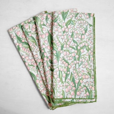 Vintage Pink and Green Floral Napkins, Lily of the Valley Napkins, Set of 4 Permanent Press Napkins 19" Square 