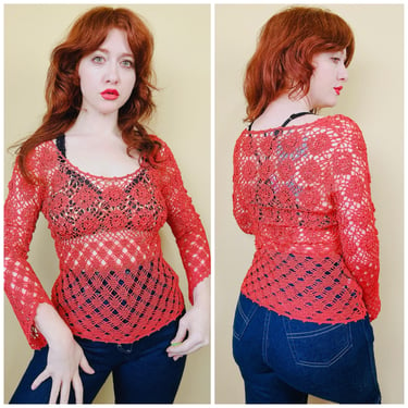 1990s Vintage The Limited Coral Rose Crochet Blouse / 90s Crochet Rayon Bohemian Sheer Top / Medium 