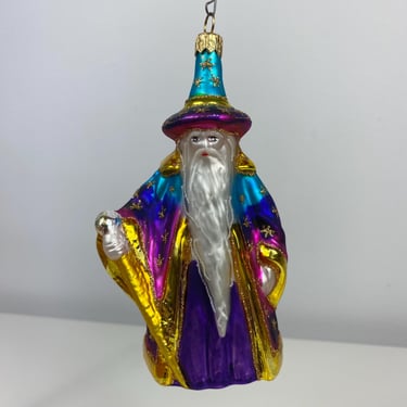 Vintage Wizard Ornament, made in Poland, Wizard w/staff and long beard, gold stars, rainbow wizard Ornament, Holiday Ornaments, Hand Blown 