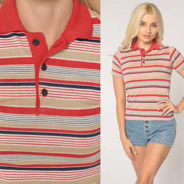 80s Polo Shirt Red Blue Striped Shirt Half Button Up Shirt Retro Tshirt Collared 1980s Nerd Geek Vintage Short Sleeve Extra Small xs 0 