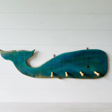 Vintage Large Rustic Wooden Whale Wall Hook Blue and Gold Wall Art 29 Inches Long 