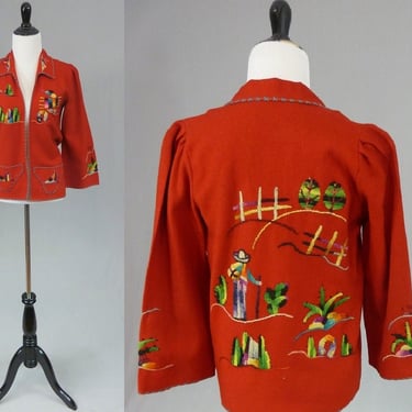 50s Red Wool Tourist Jacket - Embroidered Southwest American West Mexican - Vintage 1950s - XS 