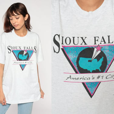 Sioux Falls Shirt 90s South Dakota T-Shirt Americas #1 City Graphic Tee SD Tourist Single Stitch Heather Grey Vintage 1990s Screen Stars XL 