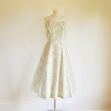 1950's Light Mint Green Satin Fit and Flare Party Dress Creme Lace Overlay Full Skirt Formal Cocktail Rockabilly 30