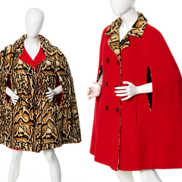 Vintage 1960s Reversible Cape | 60s Leopard Ocelot Animal Print Red Wool Double Breasted Warm Winter Poncho Coat (medium/large/x-large) 