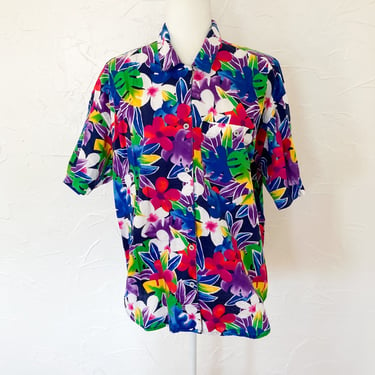 90s Cotton Liz Claiborne Bright Hawaiian Loop Collar Button Up Short Sleeve Shirt | Large/Extra Large 