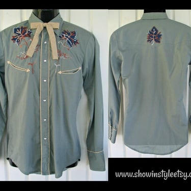 Stable Gear Vintage Retro Western Men's Cowboy and Rodeo Shirt, Appliqued & Embroidered Navy Blue Leaves, Tag Size Small (see meas. photo) 
