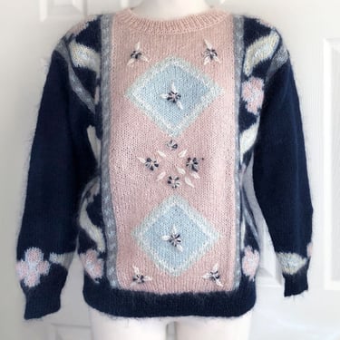MINT Vintage, 40" Chest, MOHAIR SOFT Wool Sweater, 1980s Pink & Blues Womens Designer Lauren Cole Pullover Top Small 
