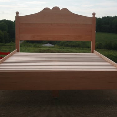 Ship Soon 2598 Queen Cherry Solid Hardwood Bed with curved head board top and turned posts top and bottom, natural color 