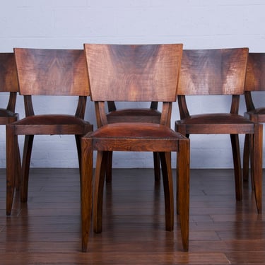 1950s French Art Deco Oak Dining Chairs W/ Brown Leather - Set of 6 