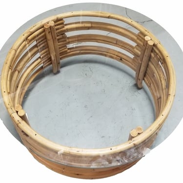 Restored Rattan Round Coffee Table with Glass Top and Stacked Base 