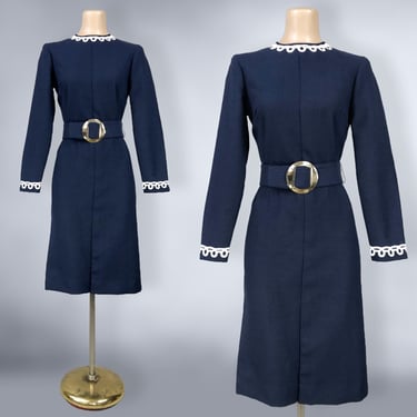 VINTAGE 60s 70s Navy Blue Belted MOD Mini Dress by Joan Curtis | 1960s 1970s Crochet Trim Wide Belted Dress | VFG 