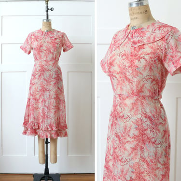 vintage 1930s floral cotton voile dress • pink trees novelty print deco ruffles day dress 