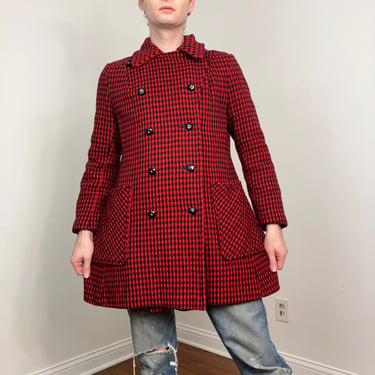 60s Penguin red plaid double-breasted coat 