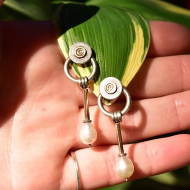 Vintage Two-Tone Sterling Silver Authentic Pearl Dangle Earrings with 14k Gold Accents, Baroque Pearl, JZH 925, Modernist Pearl Earrings 