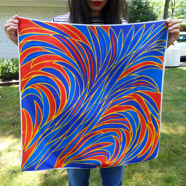 Psychedelic Vintage 60s 70s Blue & Red Abstract Patterned Square Scarf 