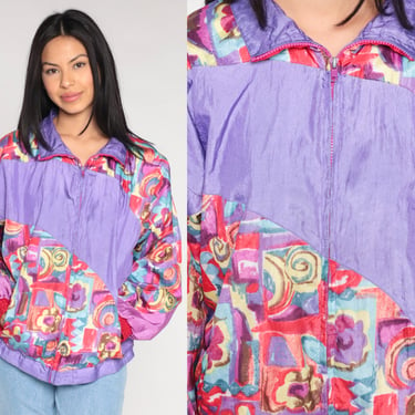 Abstract Floral Windbreaker 90s Purple Pink Zip Up Jacket Retro Flower Print Warmup Bohemian Hippie Lightweight Shell Vintage 1990s Small S 