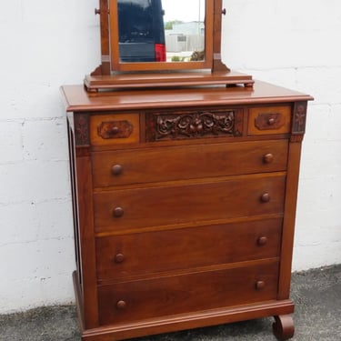 Rawlinson Victorian 1800s Carved Burlwood Tall Chest of Drawers and Mirror 5255