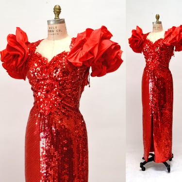 80s 90s Prom Dress Red Sequin Gown XS Small Vintage 80 Hooked on Honey Boca Raton FL