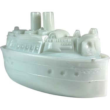 1900 Vintage American E.C. Flaccus Co. White Milk Glass Ship Novelty Covered Condiment Lidded Box 
