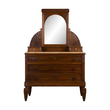 1930s French Art Deco Walnut Dresser W/ Marble Top and Mirror 