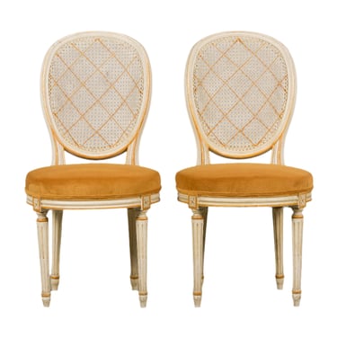 Antique French Louis XVI Painted Cane Back Accent Side Chairs W/ Marigold Velvet - A Pair 