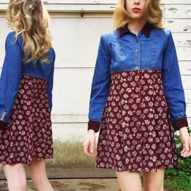Vintage Blue Jean + Burgundy Corduroy Long Sleeve Tan Flower Skater Dress XS/S 