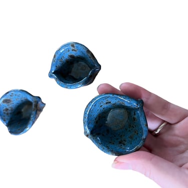 Set of Small Ceramic Pinch Bowls with Vibrant Blue Glaze Finish Vintage 