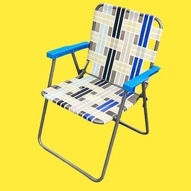 Vintage Lawn Chair Retro 1990s Patio or Outdoor Furniture + Seating + Folds Up + Webbed Straps + Blue + White + Gray + Beach Seat + Camping 