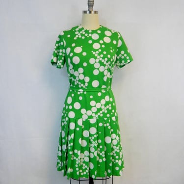 Vintage 1960s Dress | Drop Waist Belted Dress in  Lime Green and White  Polka Dots 