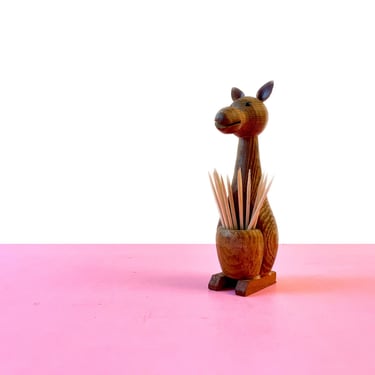 Vintage 1960s Wood Carved Giraffe Toothpick Holder 