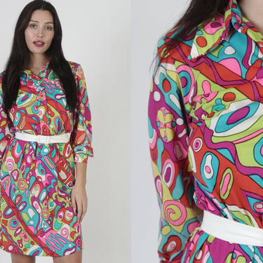 60s Psychedelic Scooter Mini Dress / Neon Abstract Op Art Material / Bright Color Twiggy Summer Shift Frock 