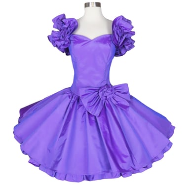 Vintage 80s Lavender Purple Prom Party Dress XS S Full Circle Skirt Ruffle Sleeve Iridescent Taffeta Bow Extra Small Costume Formal Dance 
