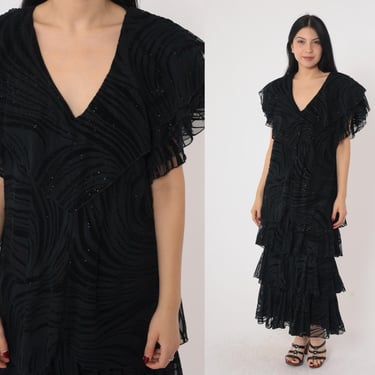 90s Sparkly Black Dress Metallic Tiered Party Dress Flutter Sleeve Glam V Neck Glitter Tiger Stripe Cocktail Ruffle Vintage 1990s Large L 